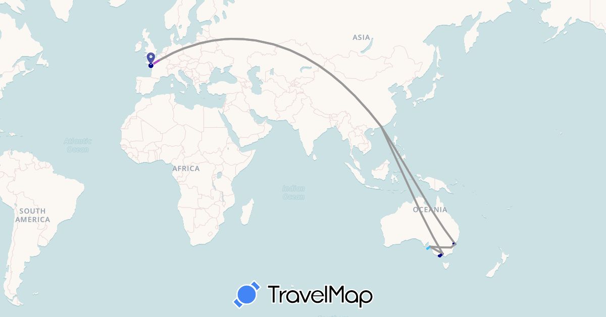 TravelMap itinerary: driving, plane, train, boat in Australia, France, Hong Kong (Asia, Europe, Oceania)
